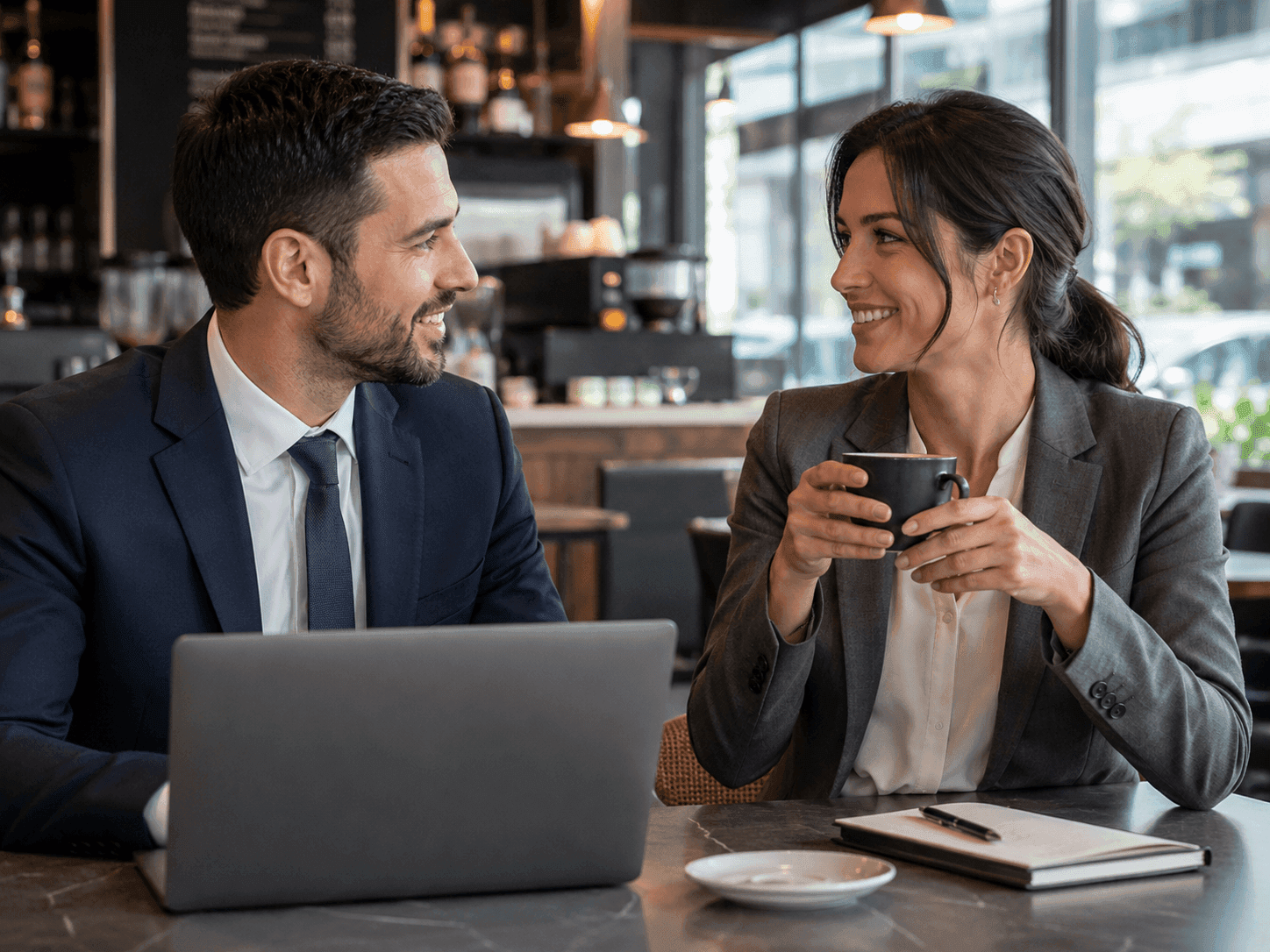 Two salespeople meeting over coffee to plan their outbound
