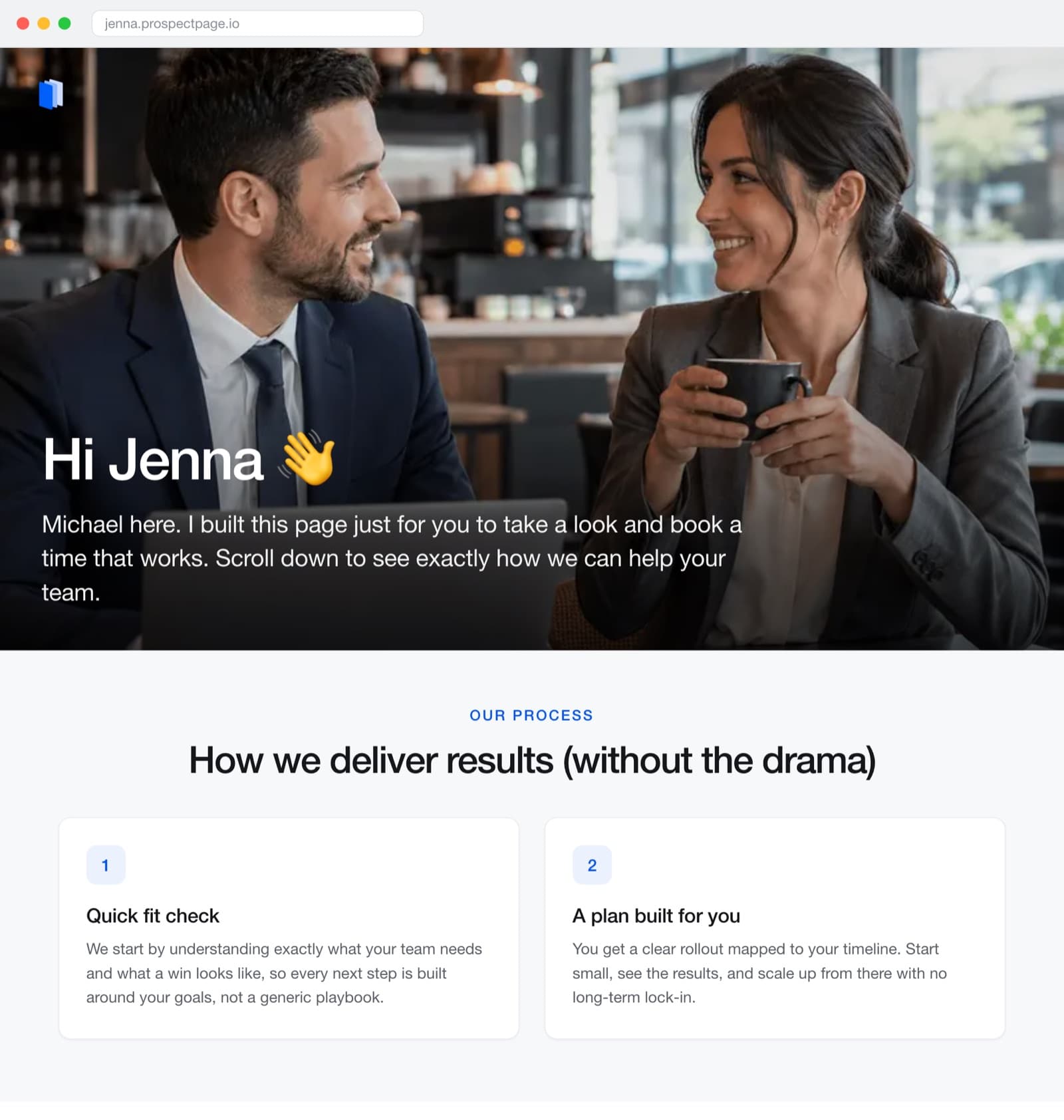 A personalized ProspectPage landing page built for a single prospect, with a "Hi Jenna" hero