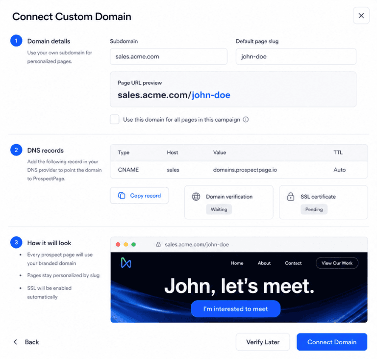 Adding a custom subdomain in ProspectPage settings
