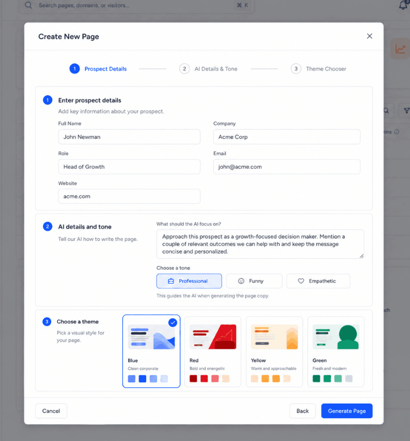 Defining your offer inside the ProspectPage AI builder